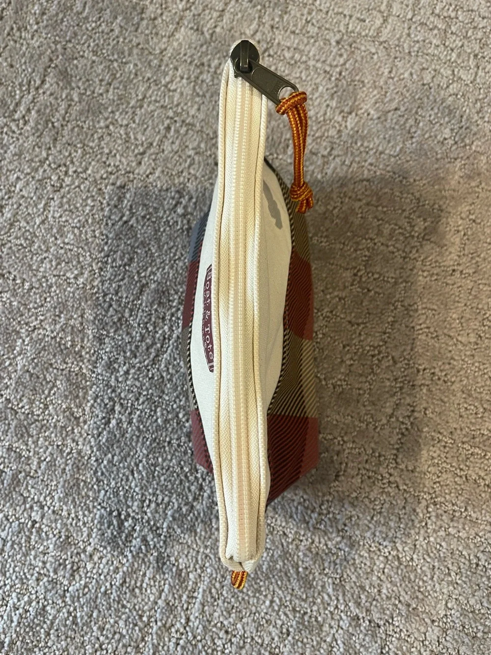 L.L. Bean Boat & Tote Canvas Travel Pouch - Cream & Red Plaid, 5”x10”